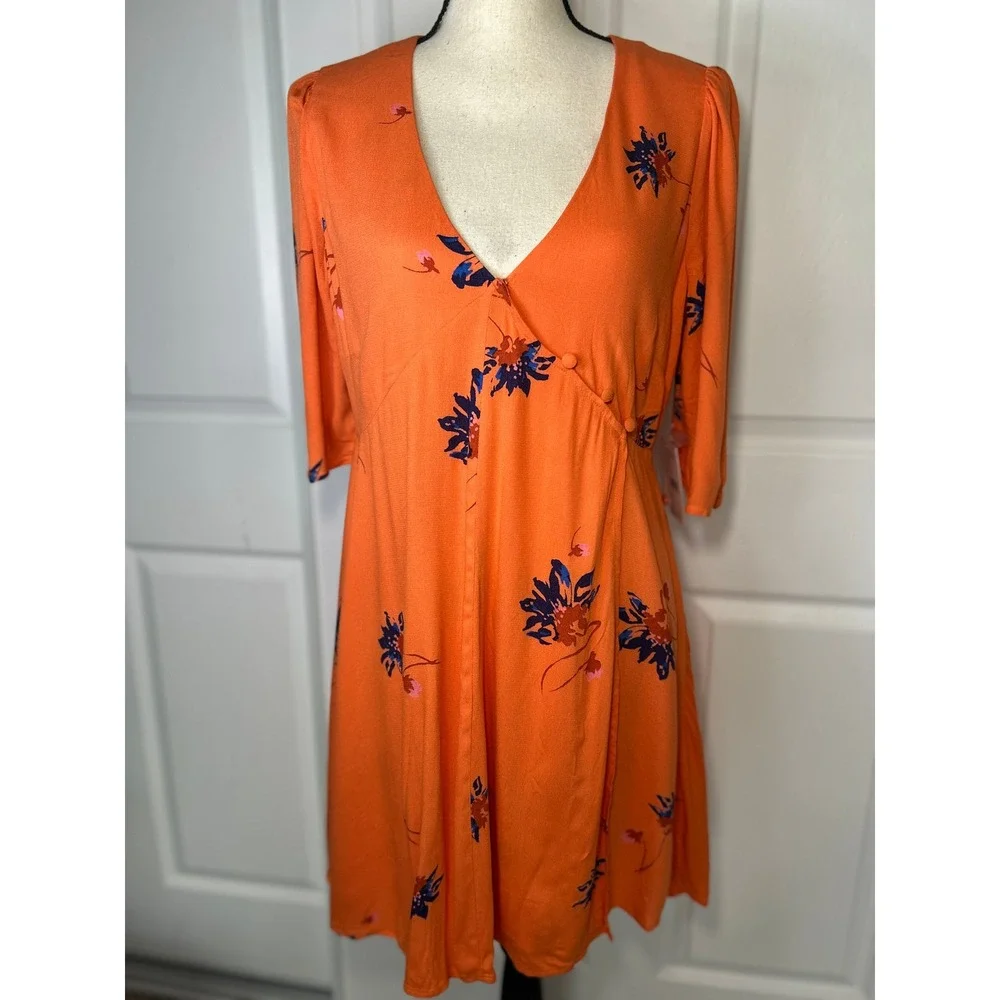 NWT Free‎ People Red Combo Floral Print V Neck Mini Dress Size S Orange